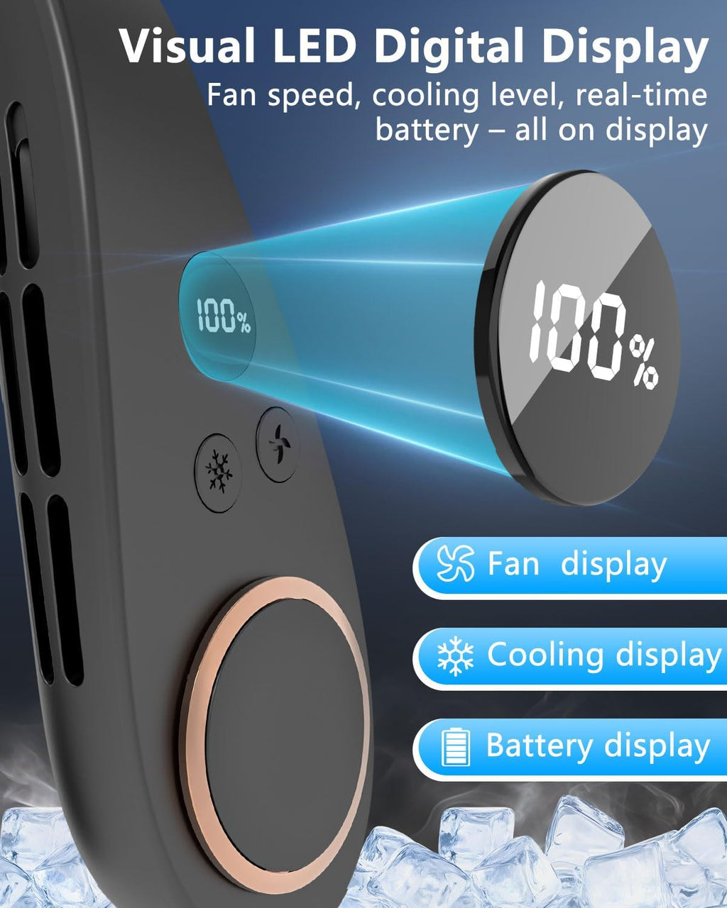 Neck Fan with Cooling Plate-5500mAh Rechargeable, Ultra Quiet Operation, 5 Speeds & 3 Cooling Modes, USB-C Fast Charging, LED Display Battery & Speed, Bladeless Wearable Neck Cooler for Travel Black