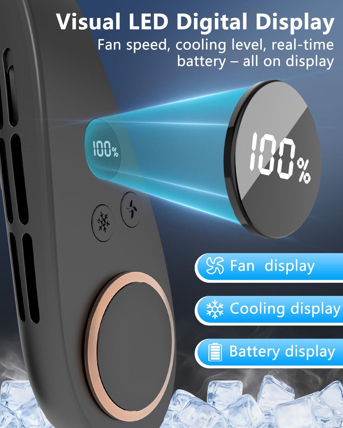 Neck Fan with Cooling Plate-5500mAh Rechargeable, Ultra Quiet Operation, 5 Speeds & 3 Cooling Modes, USB-C Fast Charging, LED Display Battery & Speed, Bladeless Wearable Neck Cooler for Travel Black